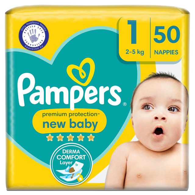 Pampers New Baby Nappies, Size 1 (2-5kg) Essential Pack 50 per pack