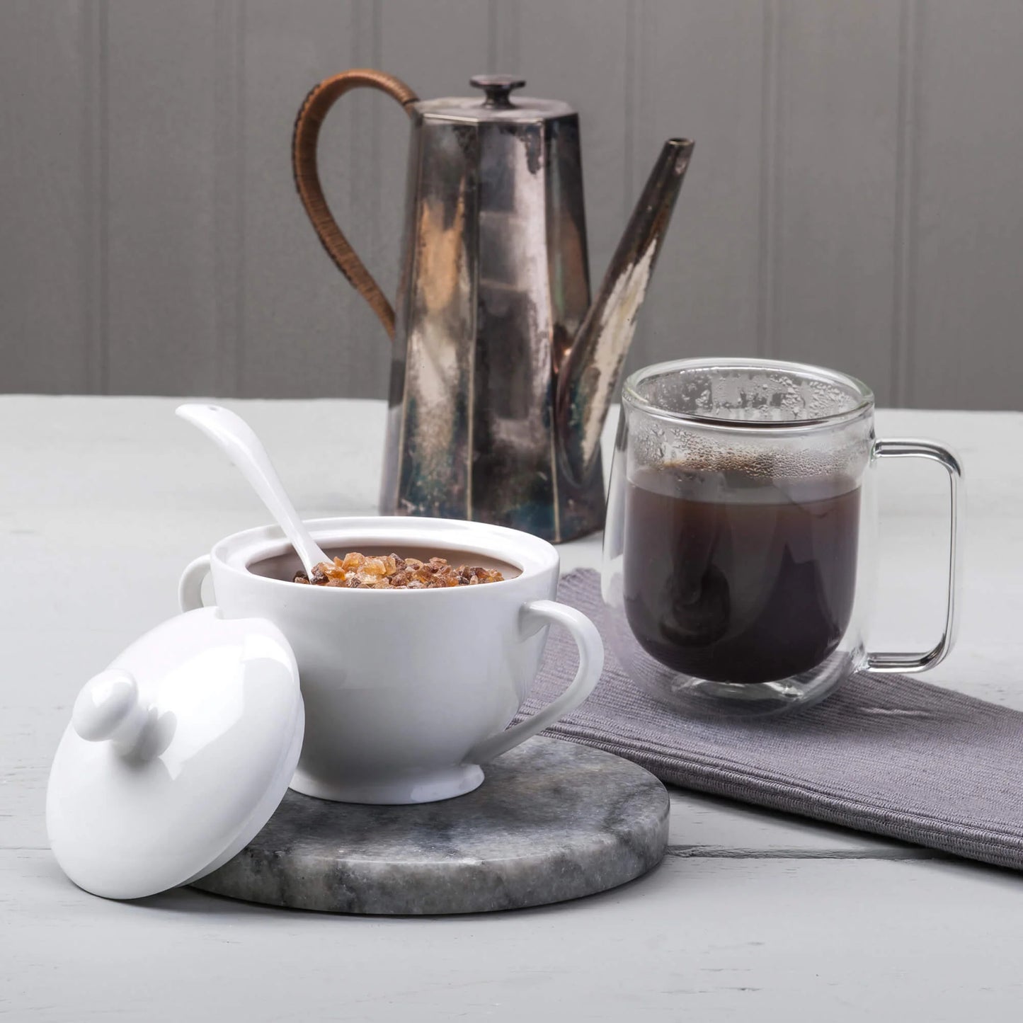 White Porcelain Sugar Bowl & Spoon