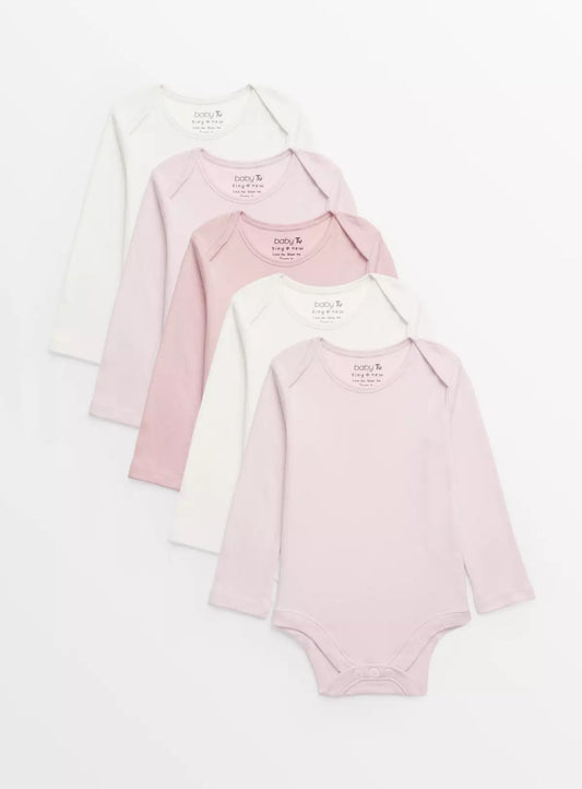 Sainsbury's TU Plain Pink Long Sleeve Bodysuits 5 Pack 0-3 mths