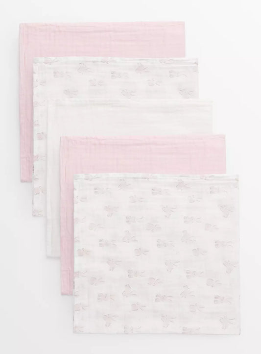 Sainsbury's Tu Pink Bunny Print & White Muslin Squares 5 Pack One Size