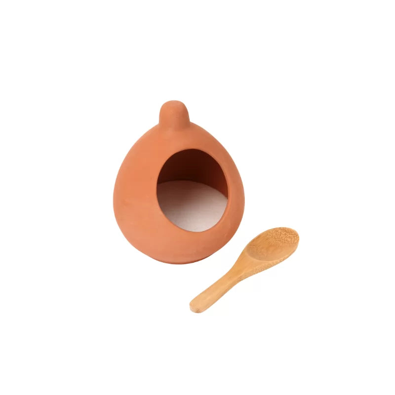 Terracotta Salt Pig / Cellar with Bamboo Spoon