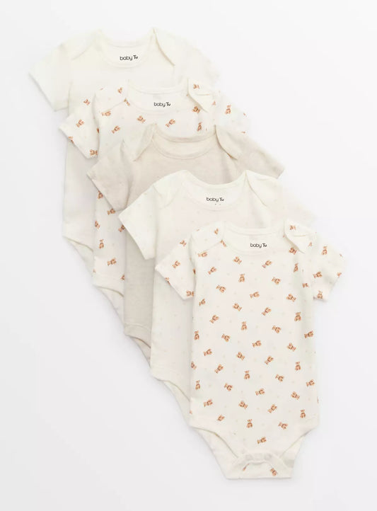 Sainsbury's Tu Cream Teddy Bear Print Short Sleeve Bodysuits 5 Pack Up to 3 mths