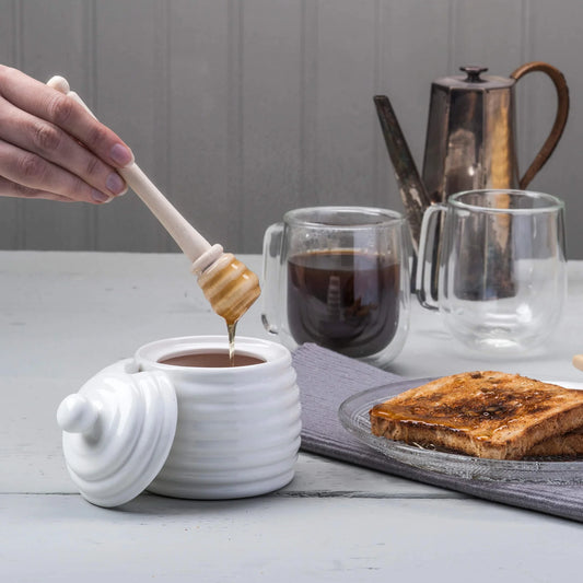 White Porcelain Honey Pot with Wooden Dipper