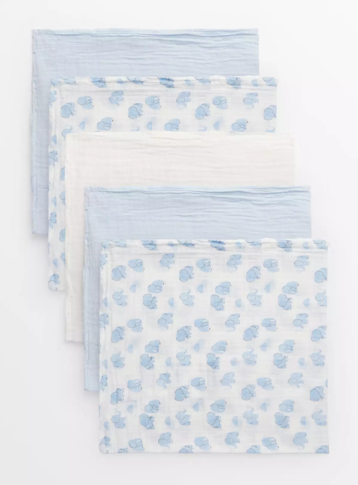 Sainsbury's Tu Blue Elephant Print & White Muslin Squares 5 Pack One Size