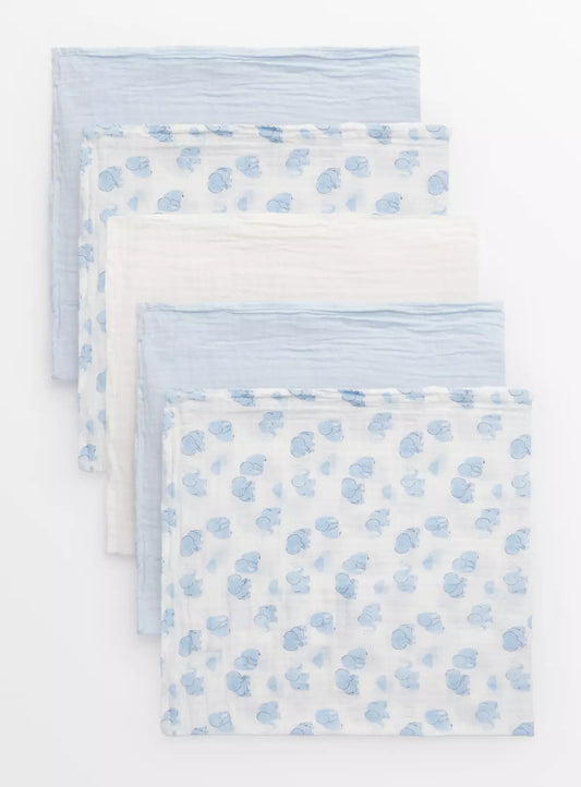 Sainsbury's Tu Blue Elephant Print & White Muslin Squares 5 Pack One Size