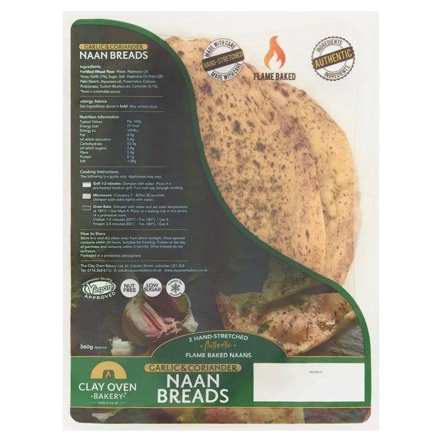 Clay Oven Bakery 2 Hand-Stretched Authentic Garlic & Coriander Naan Breads x Case of 1