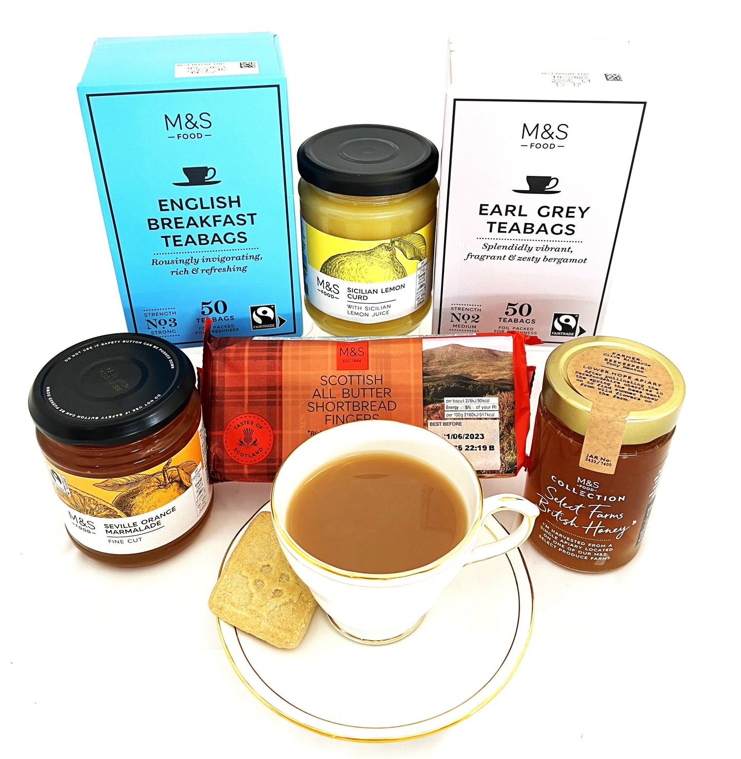 British Tea Time Treats - Tea, Honey, Lemon Curd, Marmalade and Biscuits