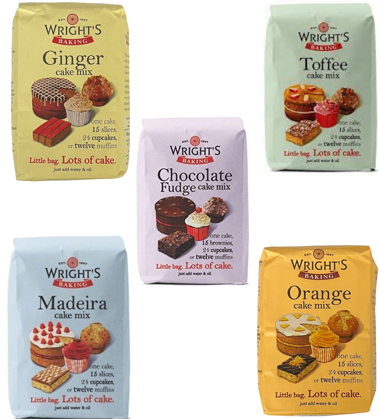 Wright's Baking Cake Mix Selection Pack - Ginger, Carrot, Toffee, Chocolate Fudge & Orange (One of Each 500g Pack)